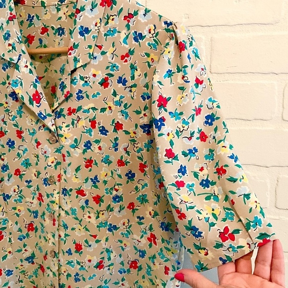 Vintage Button Down shirt Floral Cream Kelly green Red Blue Retro Coquette M - Picture 3 of 7